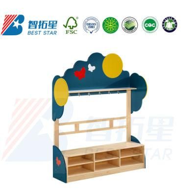 Kindergarten and Preschool Wooden Cabinet Children Bedroom Wardrobe with Shoes Cabinet, Clothes Handle for Nursery School,