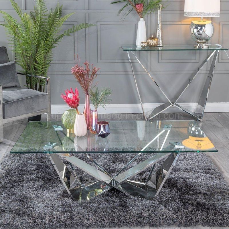 Luxury Modern Transparent Glass Coffee Table with Stainless Steel Base