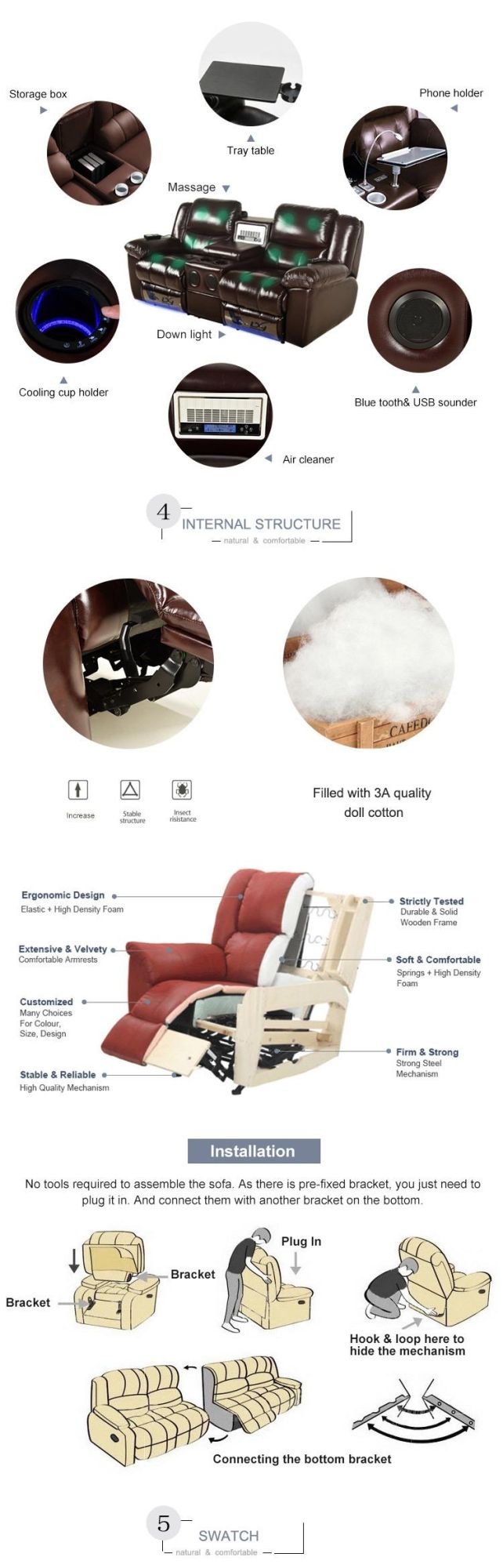 Modern Style Swivel Rocking Lazy Boy Bedroom Couch Manual Recliner Living Room Furniture Leather Sofa