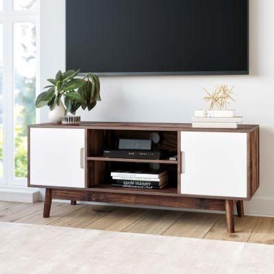 TV Stand Media Console with Wooden Frame and Cabinet Doors, White/Rustic Oak