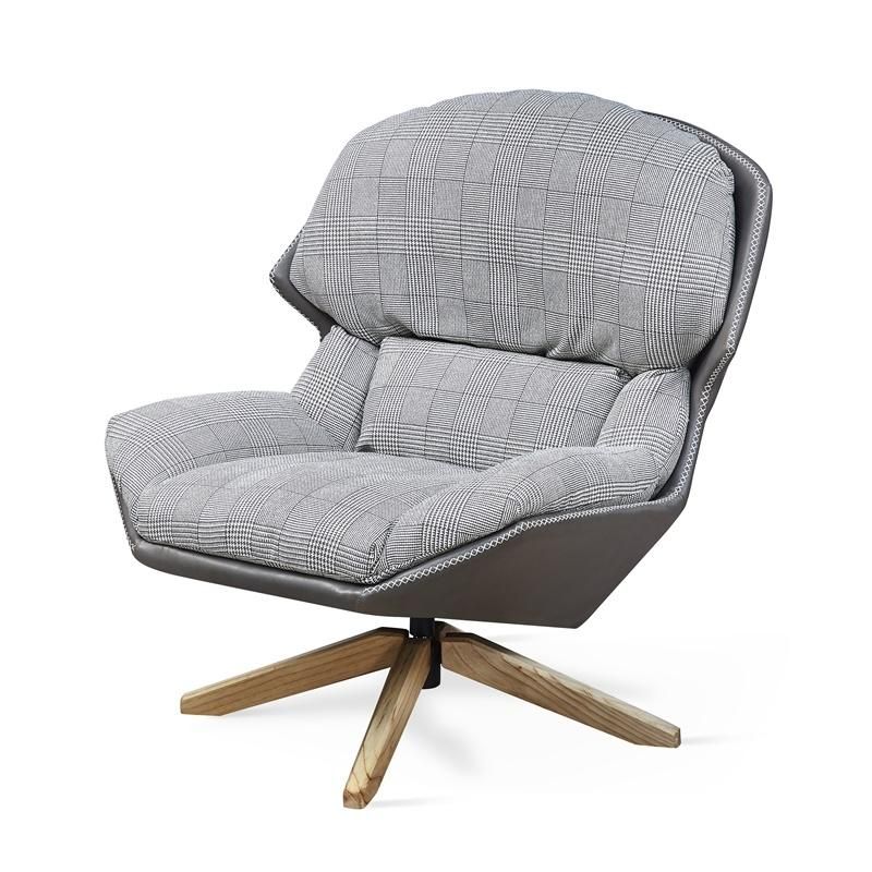 Modern Home Furniture Soft Seat Balcony Study Single Sofa Fabric Leather Leisure Swivel Chair with Wood Leg