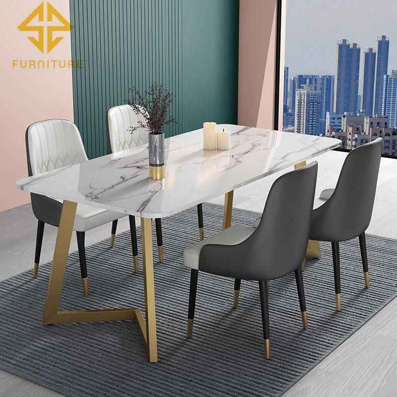 High Quality Special Design Stainless Steel Frame Marble Top Dining Room Table Sets Home Furniture