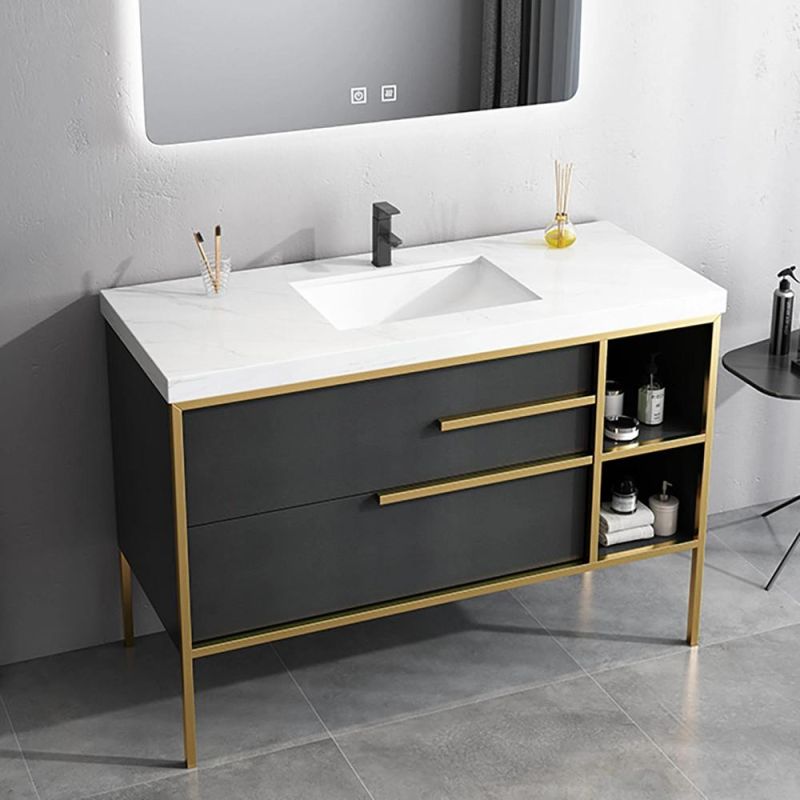 Free-Standing Black Bathroom Vanity Stone Top with Storage