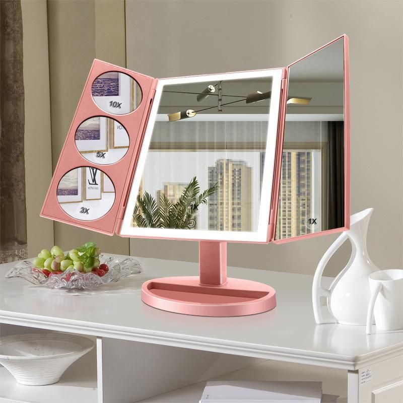 Tri Fold LED Makeup Magnifying Mirror 360 Degree Rotating