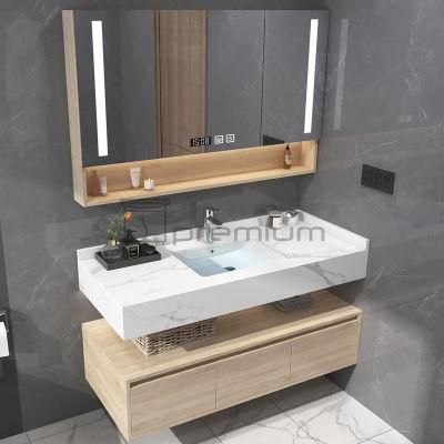 Sp-8393wg Modern Nature Wood Grain Colored Bathroom Cabinet White Rock Plate Countertop LED Light Mirror Cabinet Bath Vanity Furniture