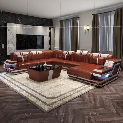 European Premium Chic Style Living Room Furniture Set Modern LED Geniue Leather U Shape Sofa