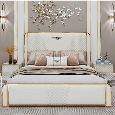 Luxury Bedroom Furniture Modern Upholstered Leather Italian Bed with Storage King Size White Leather Bed