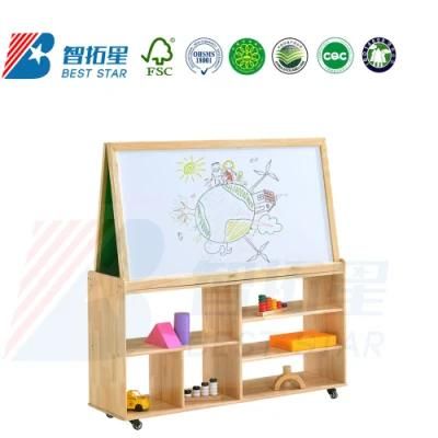 Movable Wood Easel with Cabinet, Multi-Function Double-Side Easel, Kindergarten, Preschool, Day Care Center and Nursery School Painting Easel