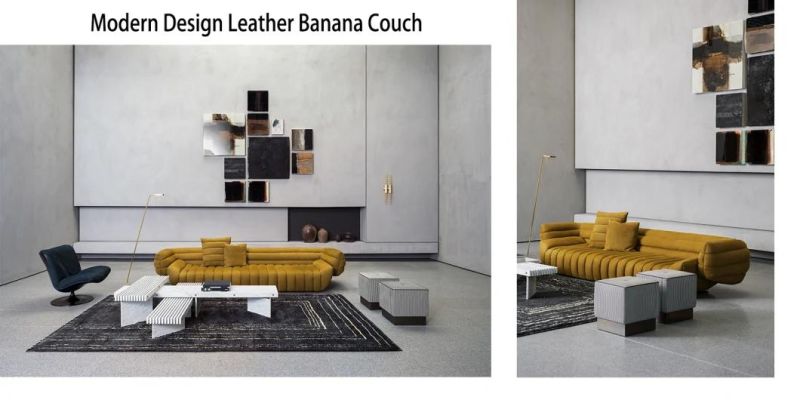 Italian Home Living Room Furniture Upholstered Real Leather Fabric Luxury Banana I Shape Design Sofa Couch Sectional Sofa