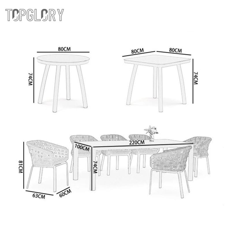 Outdoor Garden Rattan Furniture PVC Rubber Webbing Weaving Dining Table and Chairs for 6 People Seater