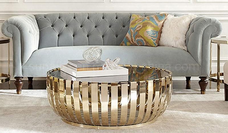 French Style Stainless Steel Clear Glass Coffee Table Round