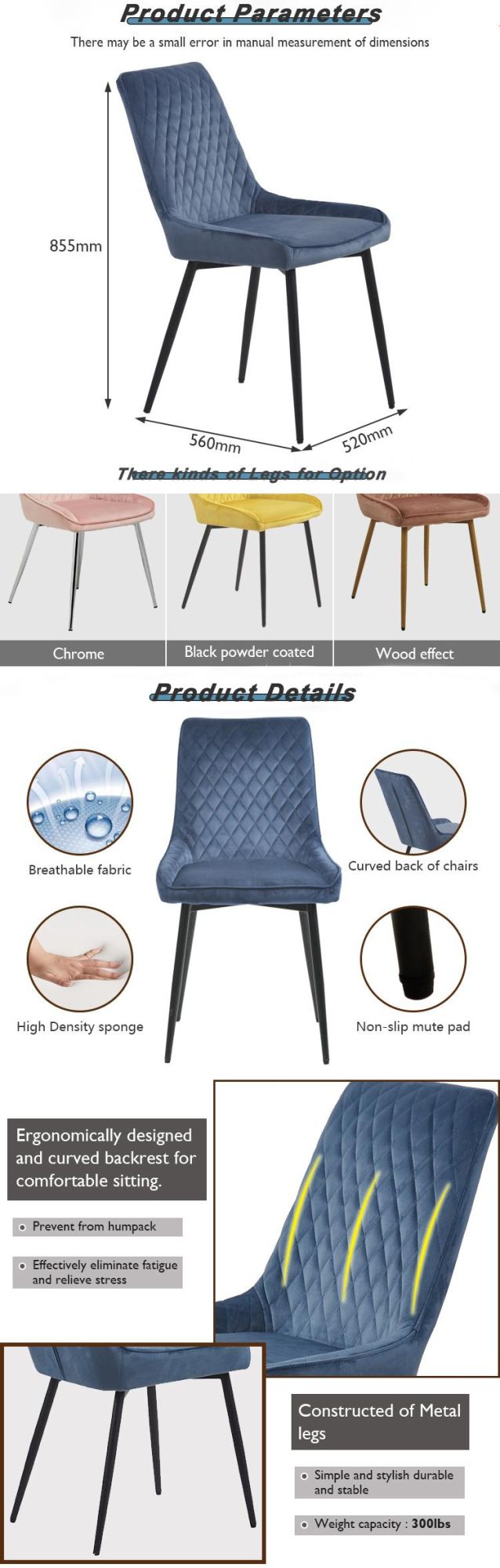 Modern Home Furniture Tube Metal Chair Fabric Velvet Dining Chair