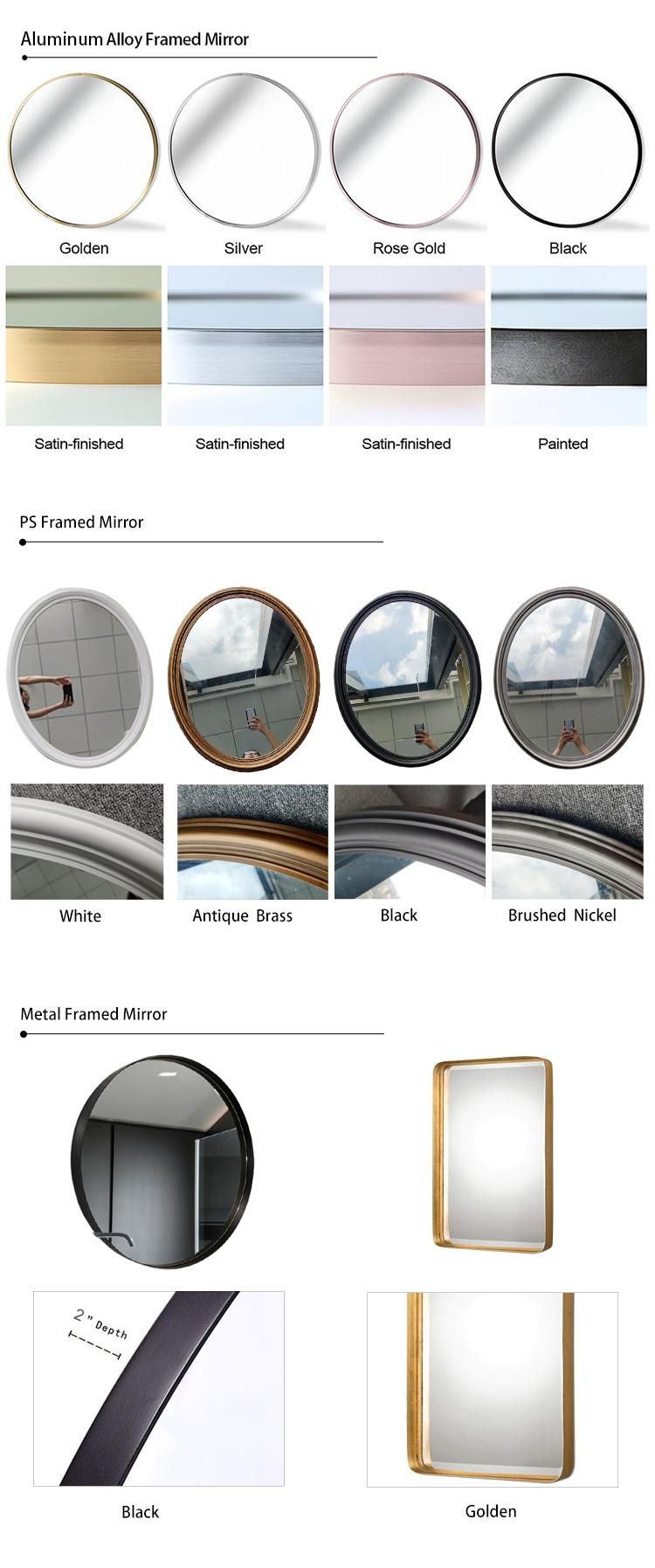 Jinghu China Factory Rectangle Round Oval Mirror Frame Metal Aluminum Alloy Frame Mirror Home Decorative Bathroom Mirror