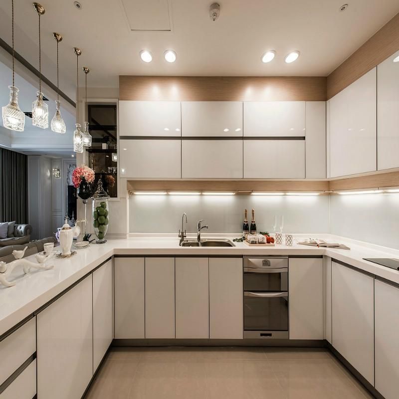 Modern White High Gloss and Oak Color Kitchen Cabinets with Island and Breakfast Bar