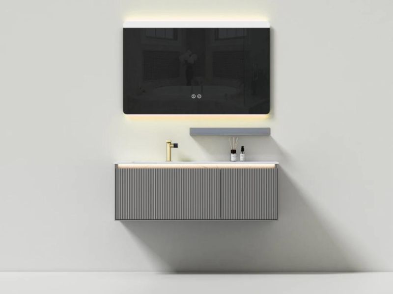 Modern Luxury Gray Melamine Bathroom Cabinet Bathroom Vanity with Rectangular LED Mirror Big Storage Cabinet