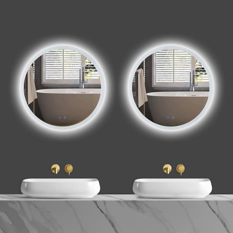 24" Round LED Bathroom Mirror Wall-Mounted Vanity Anti-Fog Mirror Dimmable 3 Color Adjustable Light LED Makeup Mirror