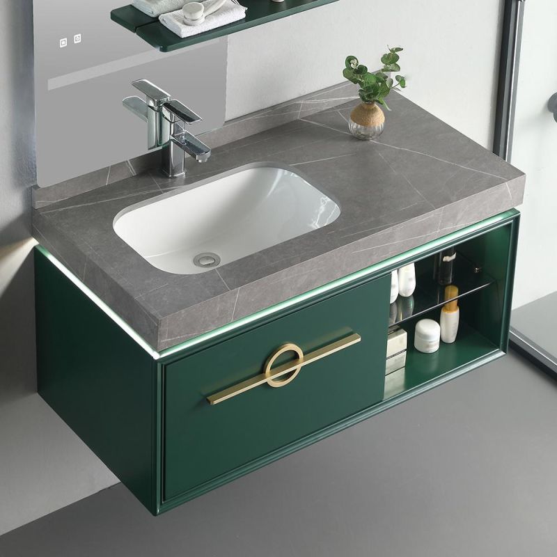 Green Floating Bathroom Vanity Stone Top Ceramics Undermount 1 Drawer & Shelf