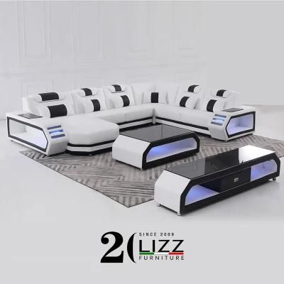 America Hot Sale Modern Home Furniture U Shape Sectional LED Leather Sofa Set for Living Room