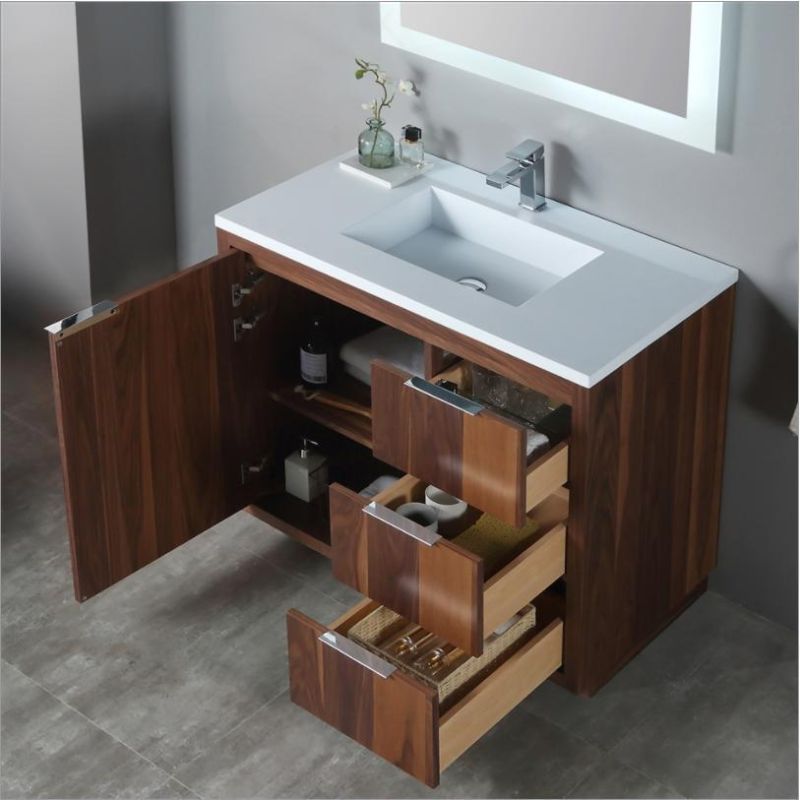 Simple Solid Wood Bathroom Furniture with Ceramics Countertop Modern