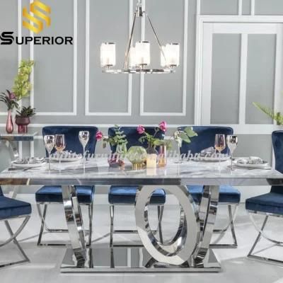 Rectangle Grey Marble Dining Table with Metal Frame for Home