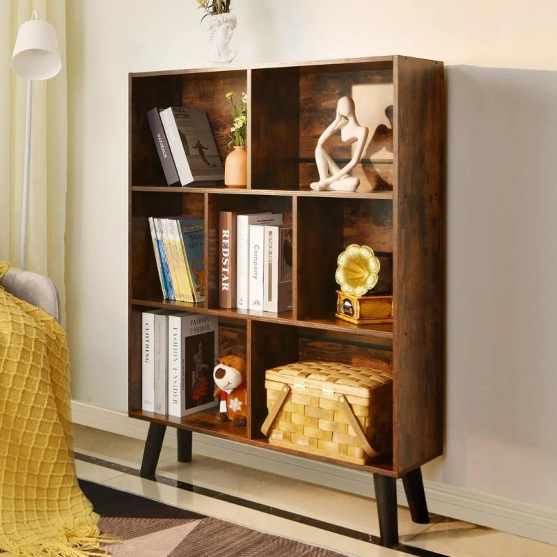 Cube Bookshelf 3 Tier MID-Century Modern Bookcase with Legs, Retro Wood Bookshelves Storage Shelf, Free Standing Open Book Shelves, Rustic Brown Display