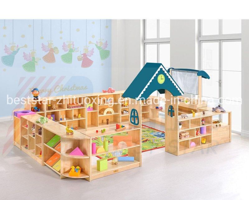 Day Care Baby Display Wooden Corner Rack, Preschool/Kindergarten Playroom Furniture, Children Care Center Furniture, Nursery School Kids Toy Storage Cabinet