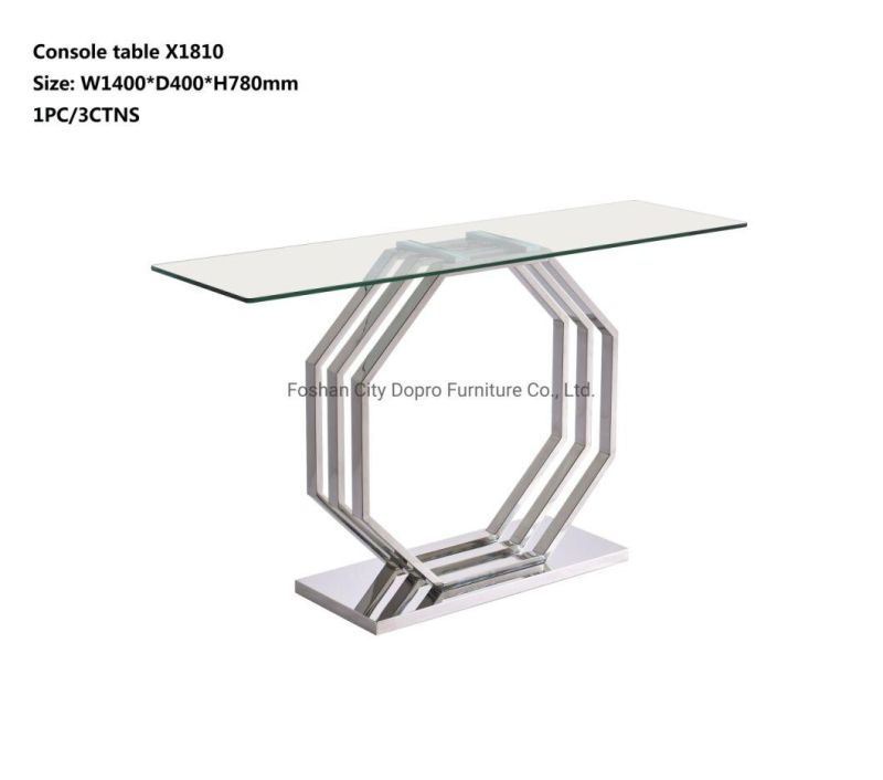 Dopro New Design Octagonal Pillar Stainless Steel Polished Silver Dining Table D1810 with Clear Tempered Glass