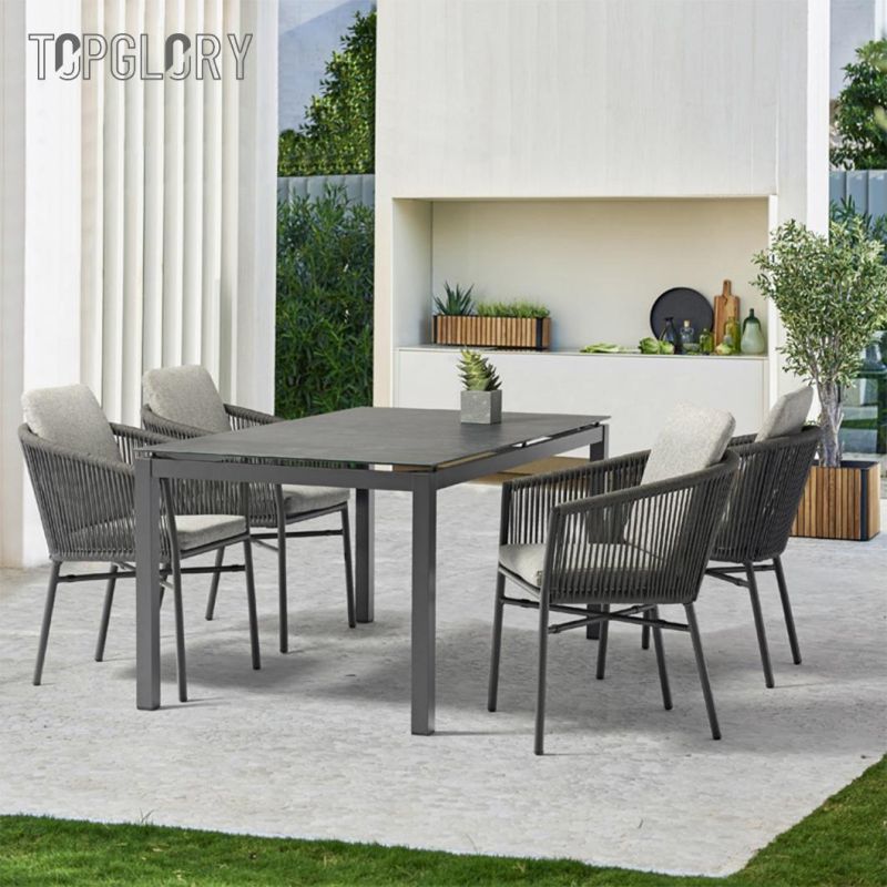 Outdoor Modern Home Hotel Balcony Furniture Aluminum Tube Olefin Rope Dining Table Chairs