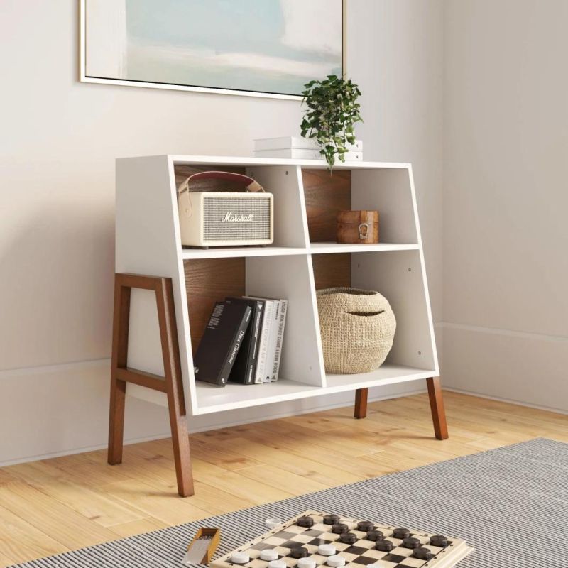 4-Cube Storage Open Shelf with Angled Design, Wood, Brown/White