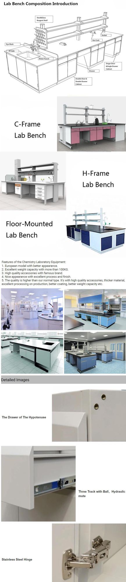 Factory Cheap Price Hospital Steel Chemical Wholesale Bio Steel C-Frame Central Lab Furniture with Sink/