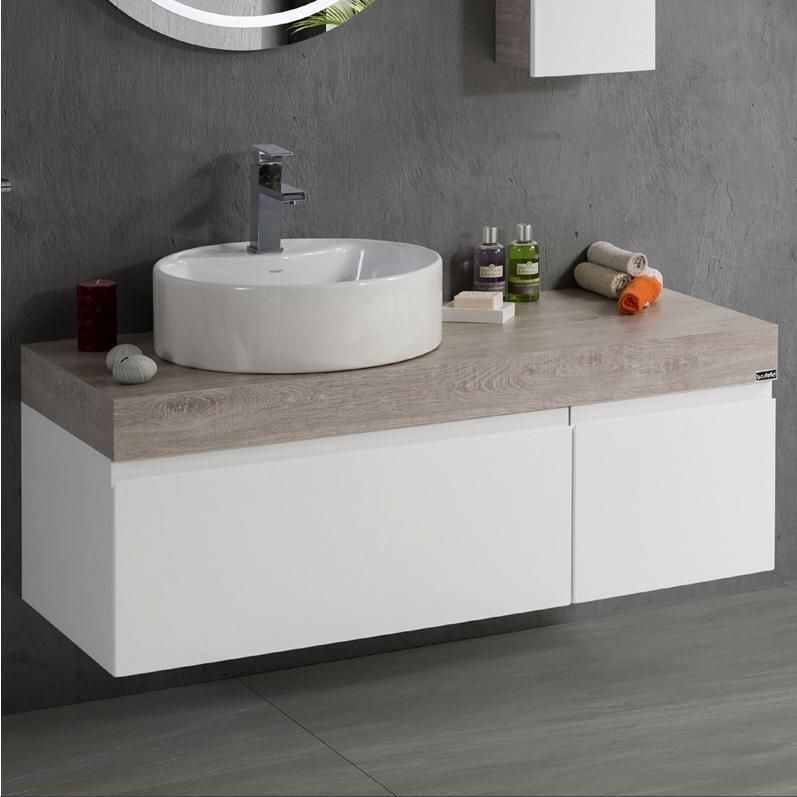 Floating Mounted Bathroom Cabinet Simple European Style Luxury White Ceramic Top Basin Bathroom Vanity with Circle Mirror