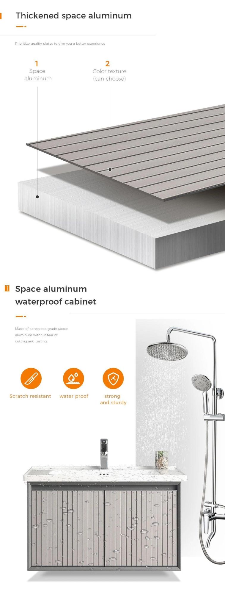 Euro Style Modern Water Resistant Aluminum Bath Cabinet Set Bathroom Sink Vanity for Shower Room