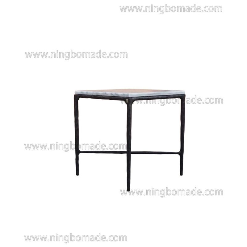 Thaddeus Sculptural Forged Collection White Cloud Marble Top Antique Black Solid Metal Base Square Corner Table