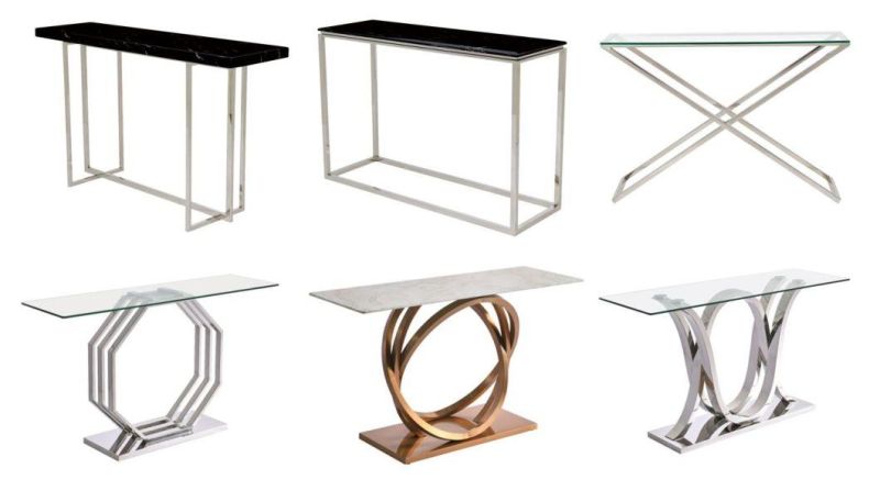 Rectangular Frame Stainless Steel Pillar Console Table with Artificial Marble Top