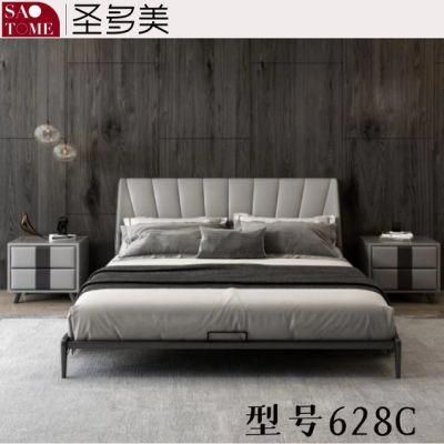 Wooden Frame off-White with Dark Grey Leather Double Bed