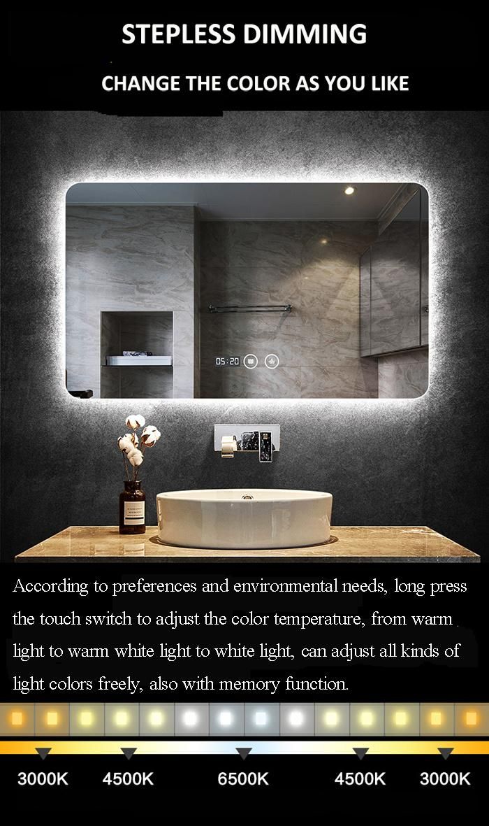 Wall Mounted Hotel Bathroom 3000K- 6500K Dimmer LED Lighted Anti-Fog Mirror with Ce Certificate