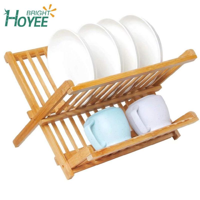 Awesome 2 Tier Natural Bamboo Folding Dish Plate Drying Rack with Drainboard