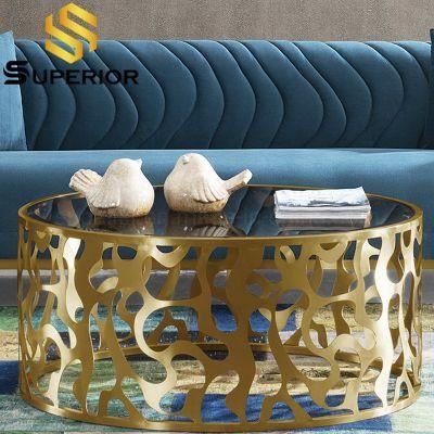 Dubai Round Glass Brass Gold Steel Laser Cut Coffee Table