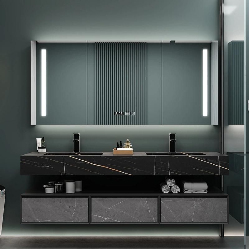 Home Decoration Items Bathroom LED Furniture Plywood with Melamine Washroom Vanity Cabinet Furniture with Rock Plate Sink