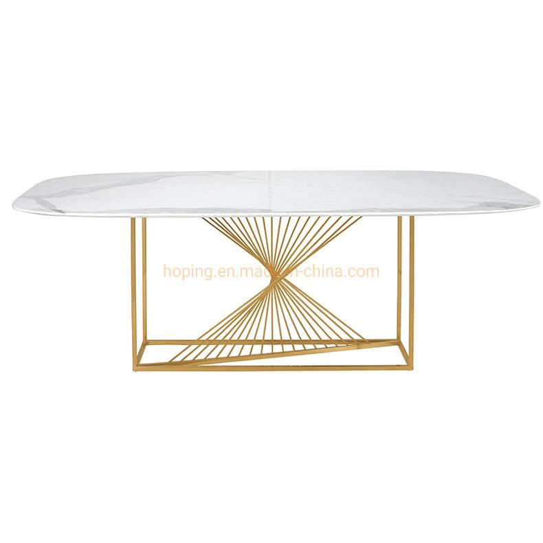 Wedding Dining Table Rectangular Stainless Steel Frame Console Desk in Golden with Brown Thick Top