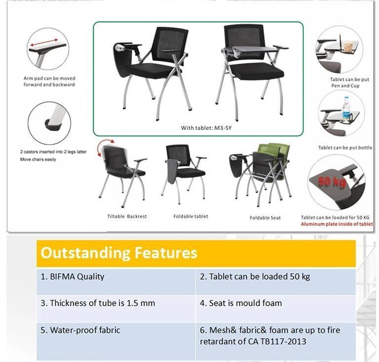 Black Fabric Fixed Armrest Conference Office Folding Chair with Waritting Board