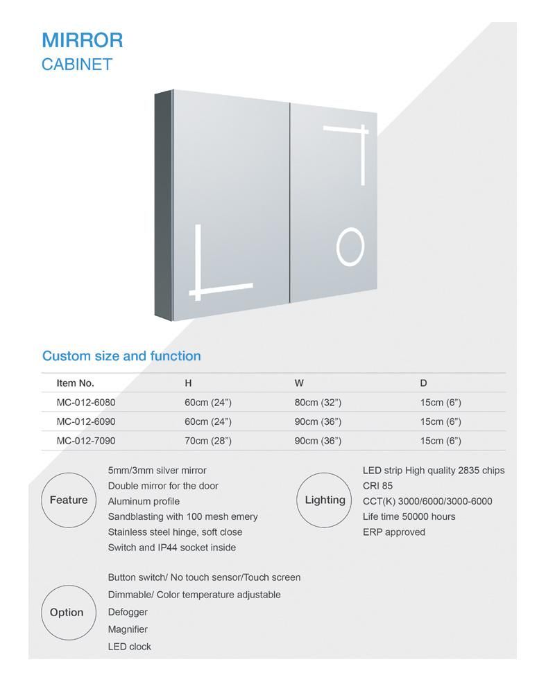 Double Door Mc012 Aluminum Medicine Cabinet with Mirror Bathroom Lighted Mirror Cabinet with Adjustable Glass Shelves Recessed or Surface Mounting