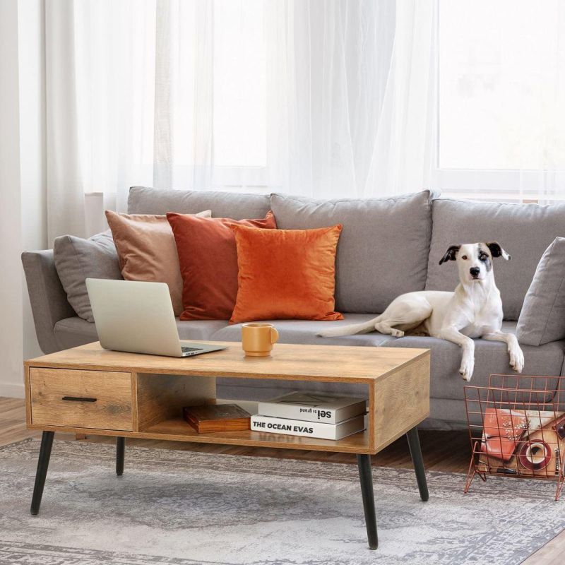 Coffee Table, Industrial TV Table with 1 Drawer and Open Storage Shelf for Living Room, Modern MID-Century Cocktail Table with Stable Pine Leg for Home Office