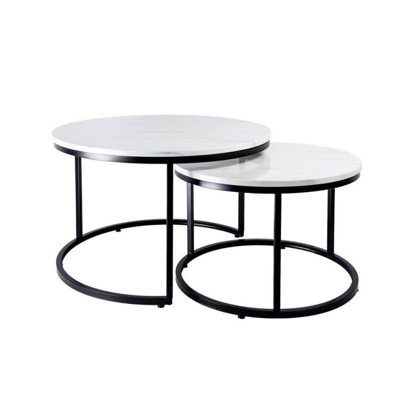 Round Nesting Coffee Table Set, Modern Accent Table Table with Faux Marble Glasses Top and Metal Frame for Living Room, (White & Black)