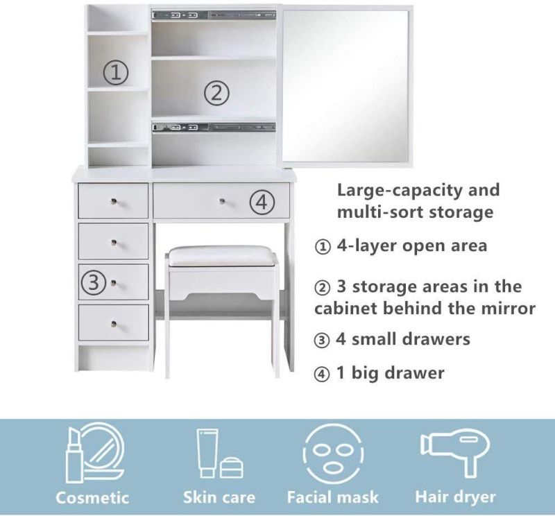 High Quality Modern European Drawers Storage Bedroom Furniture Nordic White Vanity Makeup Dressing Table with Mirror and Stool