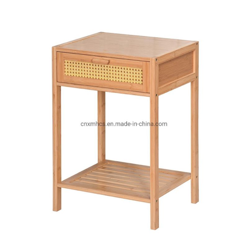 Multipurpose Bamboo Bedside Table End Table with Pattern Drawer & Storage Shelf Night Stand