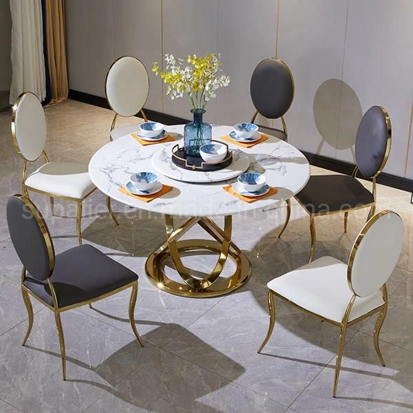 European Style Round Rotating Marble Dining Table Gold Metal Base