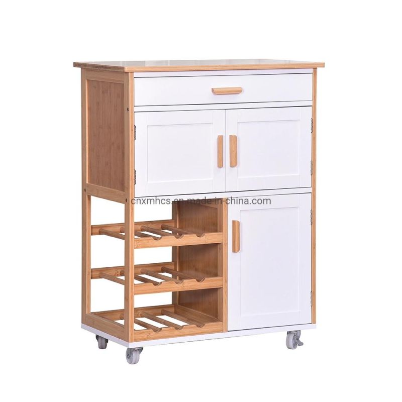 Bamboo Wooden Rolling Trolley Modern Kitchen Islands Cart Kitchen Cabinet with Wine Rack & Wheels Wood Products Household Storage Rack