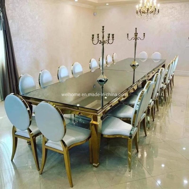 Luxury Infinity Golden Banquet Chairs Stainless Steel Wedding Chairs Stacking White PU Seat