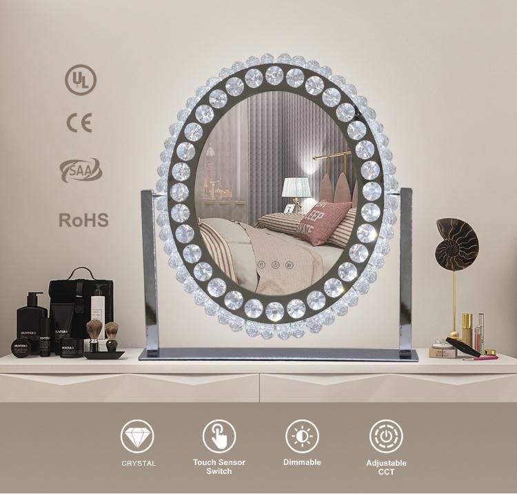 Oval Crystal Desktop Makeup Cosmetic Table Mirror with Stainless Stand